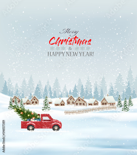 Festive Christmas background with a winter village, snow-covered fir trees and a red car is driving a Christmas tree for a  holiday. Winter illustration, banner, card