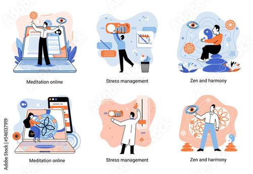 Meditation online. Self-management, self regulation learning, self-organization course, control over emotions metaphor Online yoga at home meditating. Deals with stress management, zen and harmony