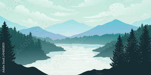 Silhouette of nature landscape. Mountains, forest in background. Blue and green illustration © Amillustrated