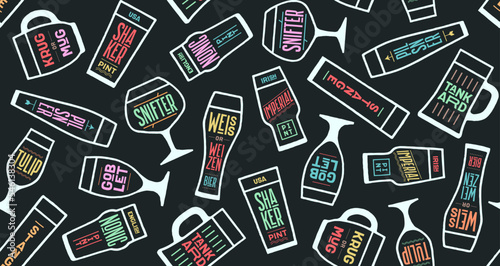 Seamless pattern, beer placemat. Seamless pattern with beer glassware types. Graphic design print for bar, pub, restaurant, beer theme. Beer placemat and graphic design print. Vector Illustration