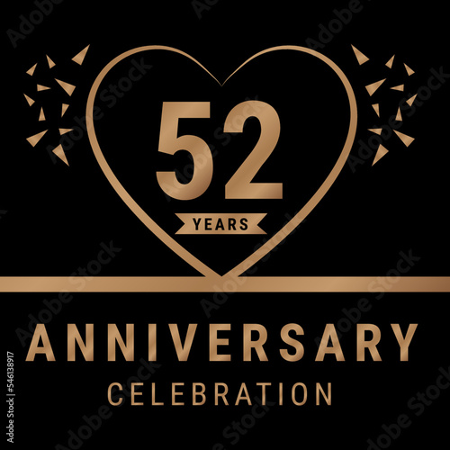 52 years anniversary celebration logotype. anniversary logo with golden color isolated on black background, vector design for celebration, invitation card, and greeting card. Eps10 Vector Illustration