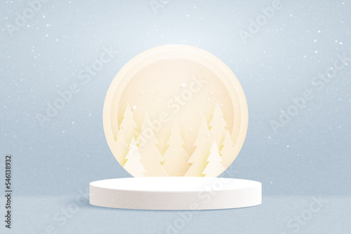 Abstract 3d white cylinder pedestal podium and christmas tree background. Minimal winter scene for product display presentation. Vector illustration.