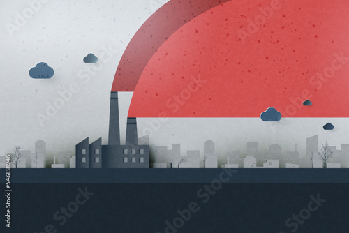 Global warming and climate change concept.Air pollution from factories and CO2 emissions with city background.Paper art of ecology and environment concept.Vector illustration.