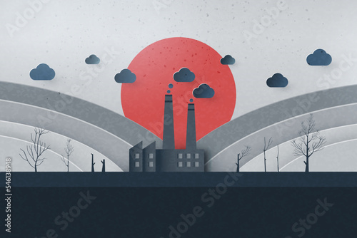 Global warming and climate change concept.Air pollution from factories and CO2 emissions with mountains landscape background.Paper art of ecology and environment concept.Vector illustration.
