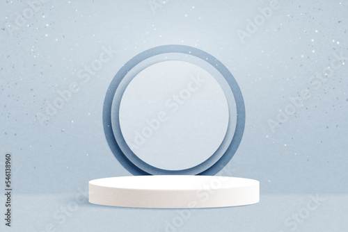 Abstract 3d white cylinder pedestal podium and circle frame. Minimal winter scene for product display presentation. Vector illustration.