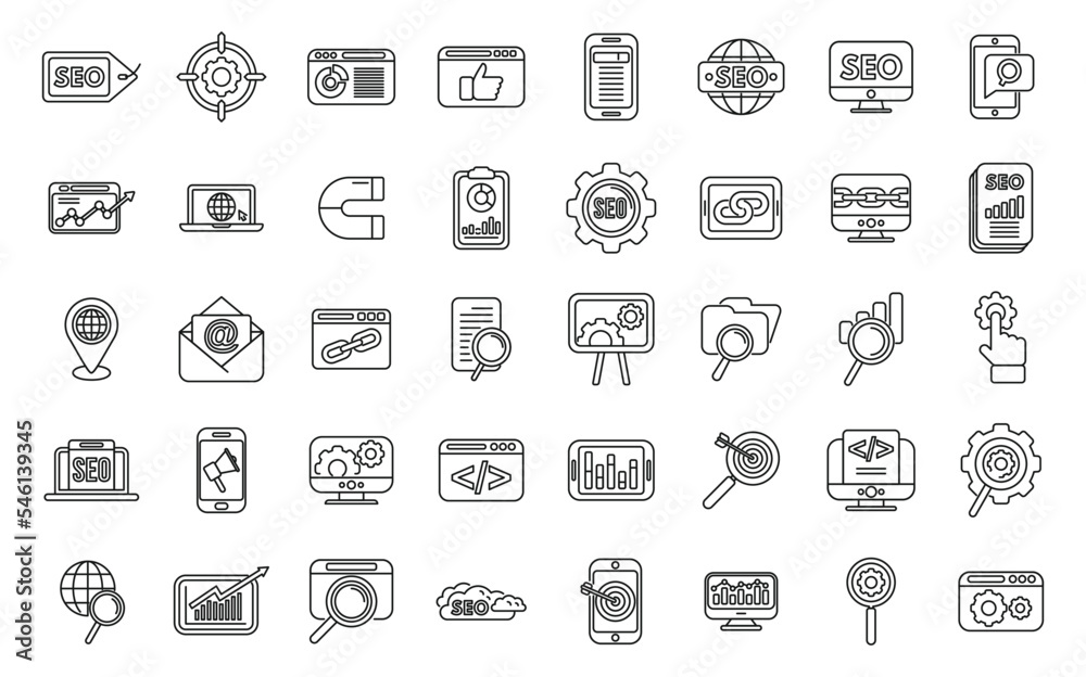 Search engine optimization icons set outline vector. Search global. Research chart Search engine optimization icons set outline vector. Search global. Research chart