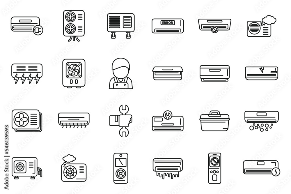 Repair air conditioner icons set outline vector. Install hvac. Air pump Repair air conditioner icons set outline vector. Install hvac. Air pump