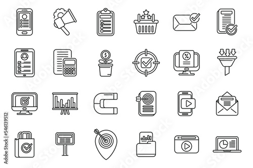 Marketing filled icons set outline vector. Direct sales. Mail cart