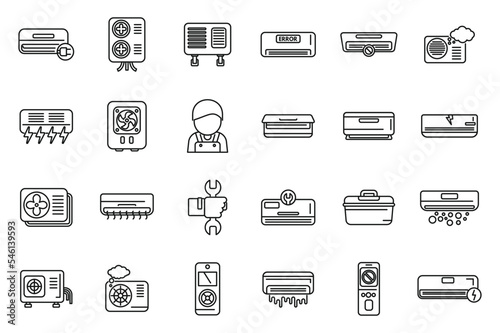 Repair air conditioner icons set outline vector. Install hvac. Air pump