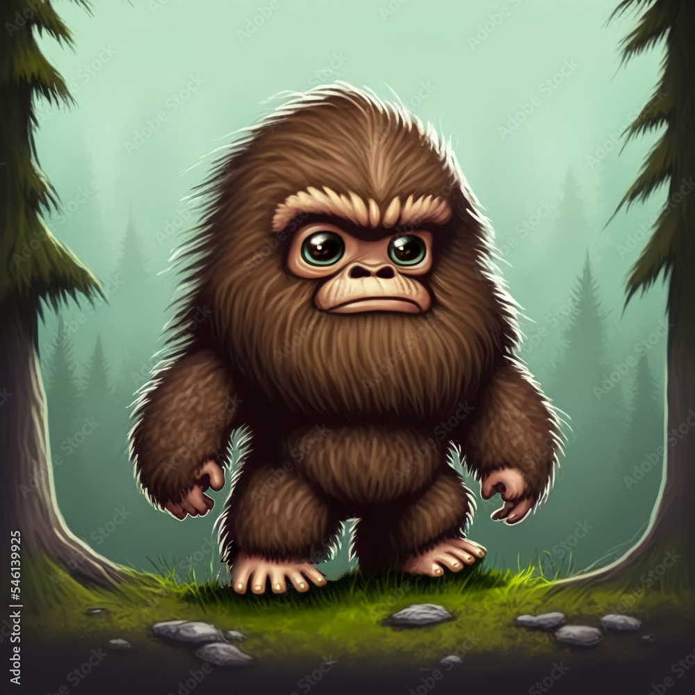 Cute Adorable Chibi Bigfoot in Forest Cartoon | Created Using Midjourney and Photoshop