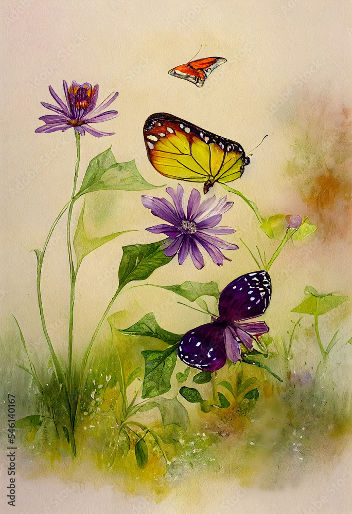 Naklejka premium Wildflower and Butterfly Watercolor Background, Wildflower and Butterfly HD wallpaper, Wildflower watercolor background,