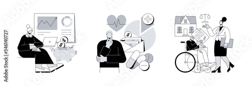 Retiree budget plan abstract concept vector illustration set. Financial literacy of retirees, healthcare expenses, retirement estate planning, health insurance plan, law advisor abstract metaphor.