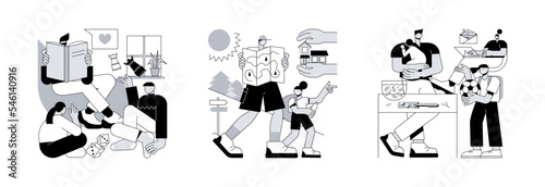 Parenthood abstract concept vector illustration set. Modern dads, fatherhood care, stay-at-home dads, happy kid family, fathers day, breadwinner mom, parental leave, domestic work abstract metaphor.