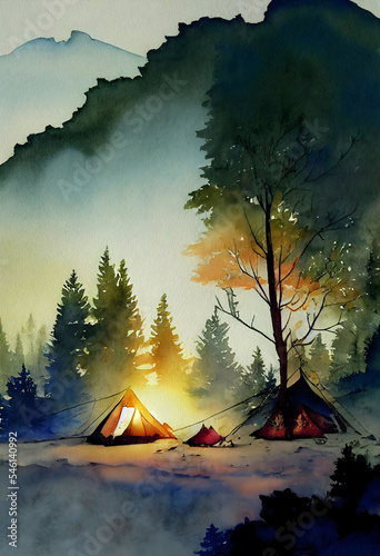Watercolor Background for Camping, Camping Watercolor Background, Camping watercolor wallpaper © michael