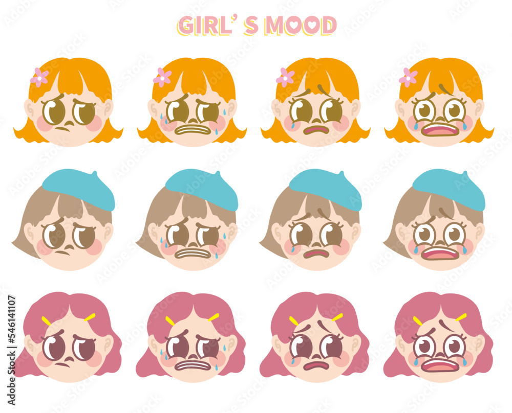 4 kinds of different emoticons of three cute girls. Orange short hair little girl's facial expression. Set of girl face avatar cartoon, group of various kids emotion icon. 4 kinds of different emoticons of three cute girls. Orange short hair little girl's facial expression. Set of girl face avatar cartoon, group of various kids emotion icon.