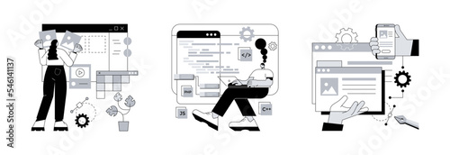Web development agency abstract concept vector illustration set. Front and back end development, responsive web design, website interface, coding and programming, user experience abstract metaphor.