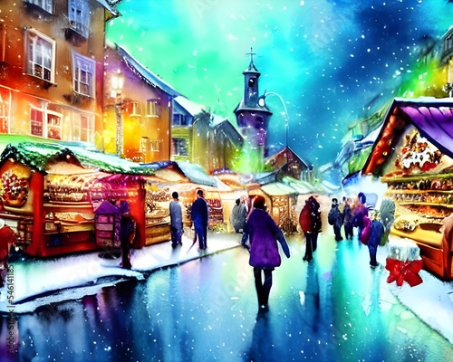 It's a cold but clear December evening, and the Christmas market is in full swing. The air smells of mulled wine and roasted chestnuts, and poorly wrapped presents pile up under the twinkling lights o © dreamyart