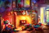 The fireplace is adorned with Christmas decorations, including a red and green garland, stockings hung from the mantle, and a large wreath hung above the fire. The room is cozy and festive, making it 