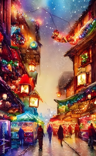 The air is crisp and the sky is clear. The Christmas market stalls are all lit up with fairy lights, and the smell of mulled wine and gingerbread fills the air. There's a warm glow emanating from the  © dreamyart