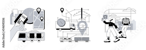 Urban transportation abstract concept vector illustration set. Public transport, transport network, bus station, buy ticket, car traffic, smart city, rush hour, passenger abstract metaphor.