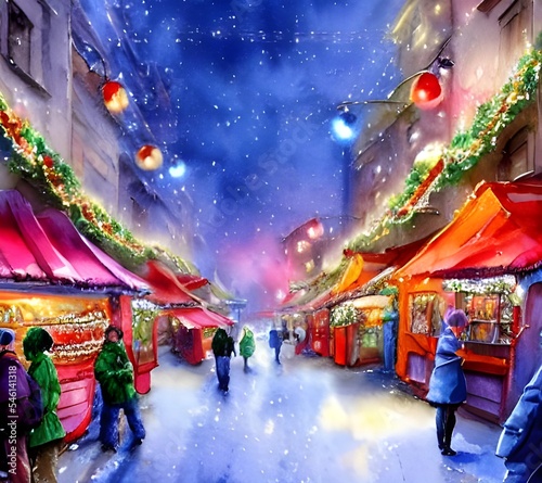 The Christmas market is in full swing, with people milling around the stalls and enjoying the festive atmosphere. The air is filled with the smell of mulled wine and gingerbread, and there's a real fe © dreamyart