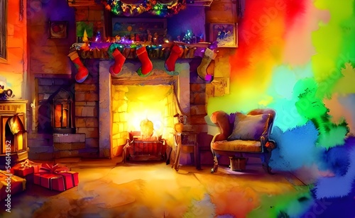The fireplace is decorated with Christmas decorations. There are garlands wrapped around the mantel and stockings hung from it. A fire is burning in the fireplace  giving the room a warm and cozy feel