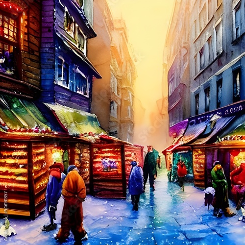 The Christmas market is bustling with people, laughter, and the smell of gingerbread in the air. The twinkling lights reflect off of the snow that coats everything in a sparkling blanket. There's a fe