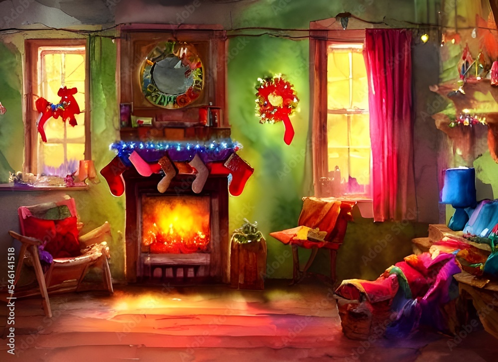 The fireplace is adorned with red and green garlands, poinsettias, candles, and stockings hanging from the mantel. A fire crackles in the hearth, casting a warm glow throughout the room.