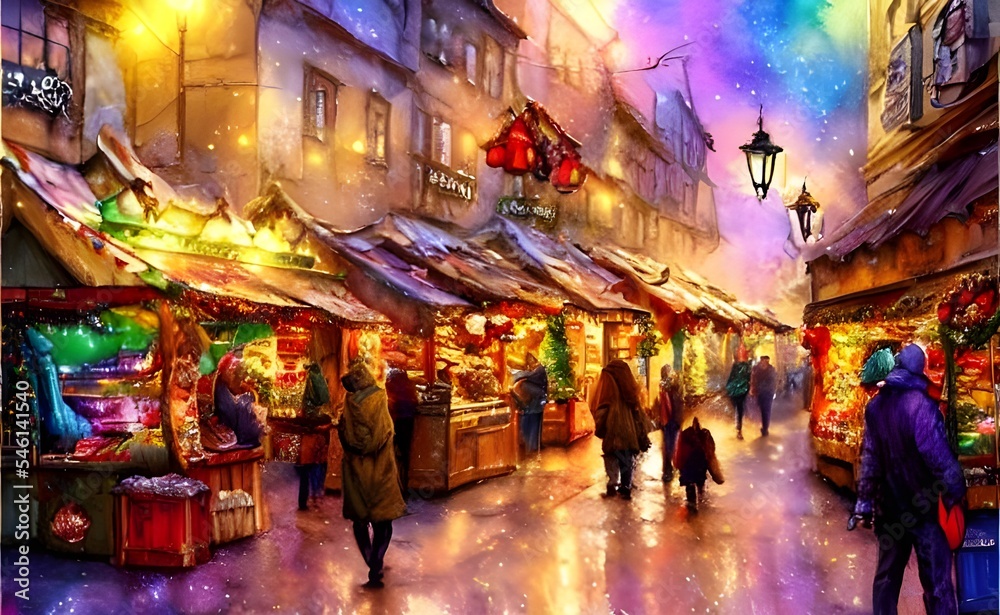 The Christmas market is bustling with people enjoying the evening. The smell of roasted nuts and gingerbread fill the air. Strings of lights brighten up the square, adding to the festive atmosphere.