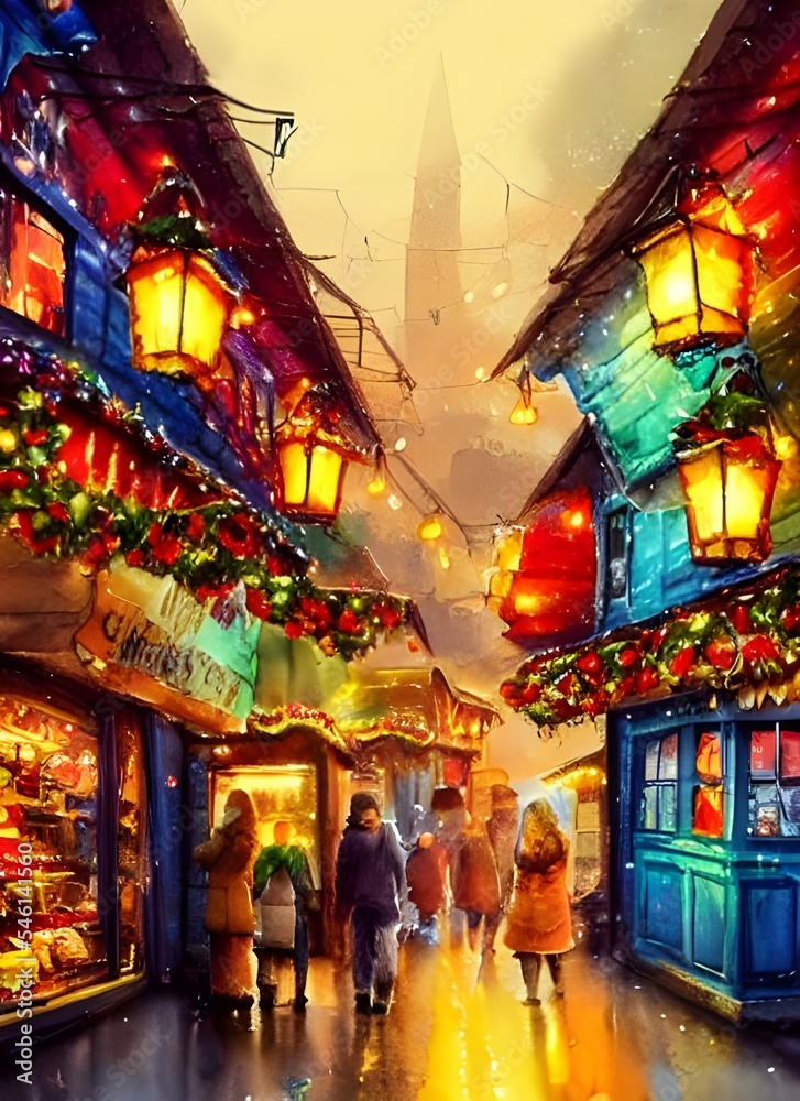 Obraz premium The Christmas market is bustling with people and filled with the scent of gingerbread. The air is cold and sparkling with fairy lights. I wander through the stalls, stopping to admire hand-painted orn