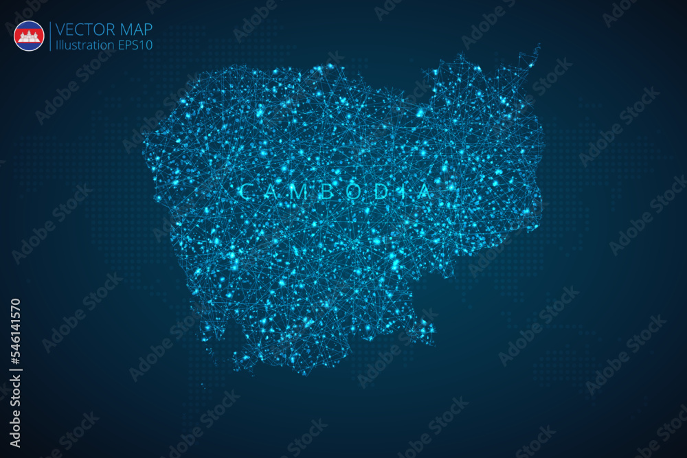 Obraz premium Map of Cambodia modern design with abstract digital technology mesh polygonal shapes on dark blue background. Vector Illustration Eps 10.