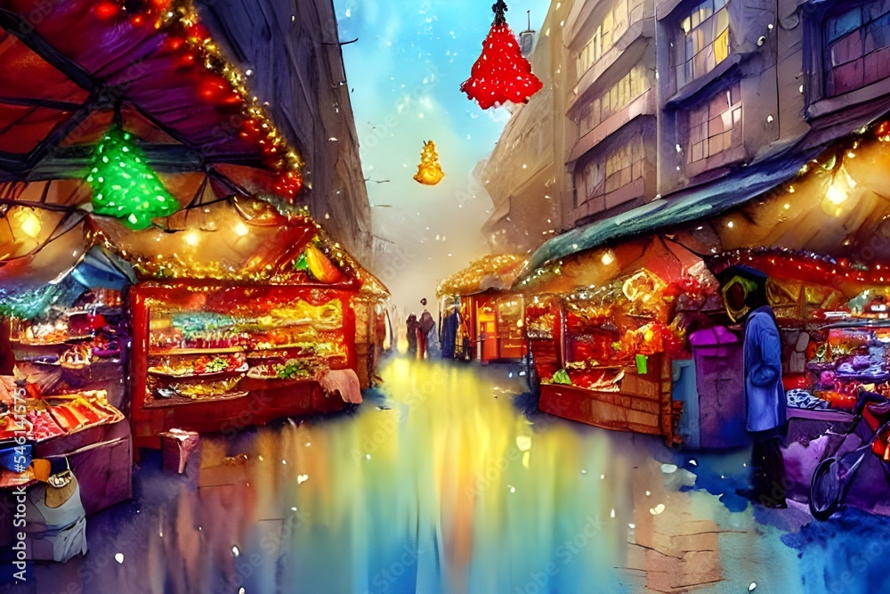 The Christmas market is bustling with people. The air is thick with the smell of spices and mulled wine. Strings of fairy lights twinkle overhead, adding to the festive atmosphere. Stalls selling hand