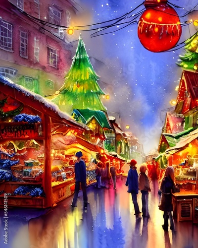 The Christmas market is in full swing this evening, with people milling about and enjoying the festive atmosphere. The stalls are all decorated with lights and garlands, selling everything from handma