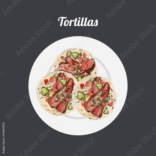 Traditional mexican tortila wrap with  beef and vegetables. Hand drawn watercolor vector illustration photo