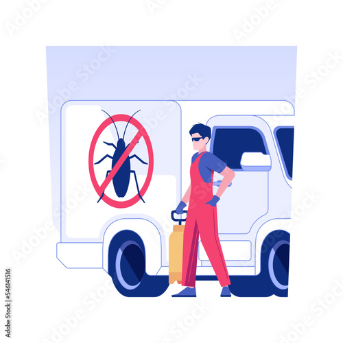 Pest control service isolated concept vector illustration. Smiling pest control service worker with sprayer near truck, private house maintenance, mold extermination vector concept.