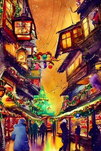 The Christmas market is bustling with people and the air is filled with the smell of cinnamon and gingerbread. The stalls are decorated with fairy lights, tinsel and baubles. There's a warm glow comin © dreamyart