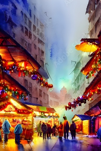 The Christmas market is bustling with people, all enjoying the festive atmosphere. The stalls are decorated with twinkling lights and there's a warm feeling in the air. Mulled wine and roasted chestnu © dreamyart