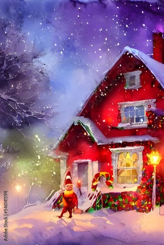 The Christmas lights are shining brightly on the house  and the wreath is hung perfectly on the door. The Garland is wrapped around the railing of the porch  and there are presents piled high under th