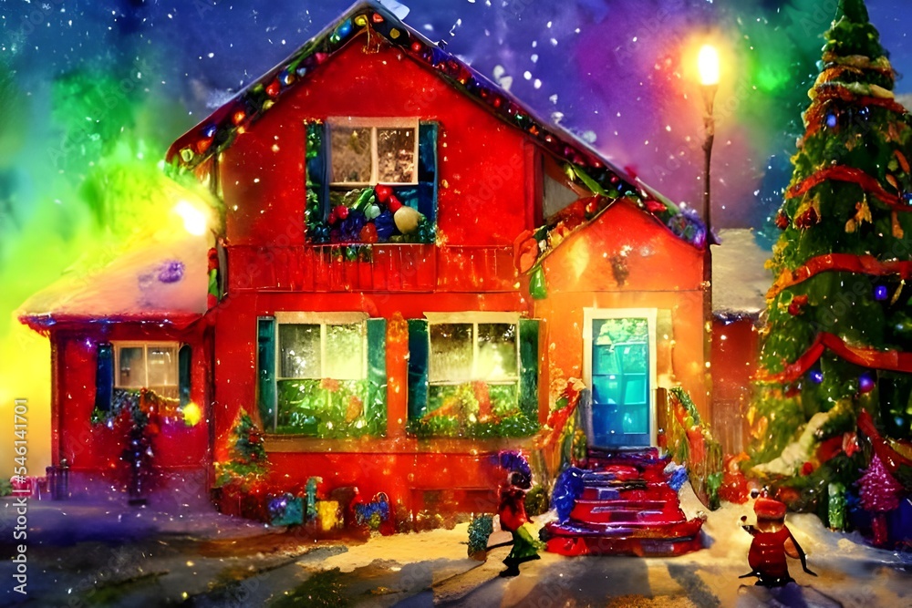 The house is decorated with lights and ornaments for Christmas. The windows are adorned with wreaths, garland is draped along the porch railings, and a big red bow graces the front door.