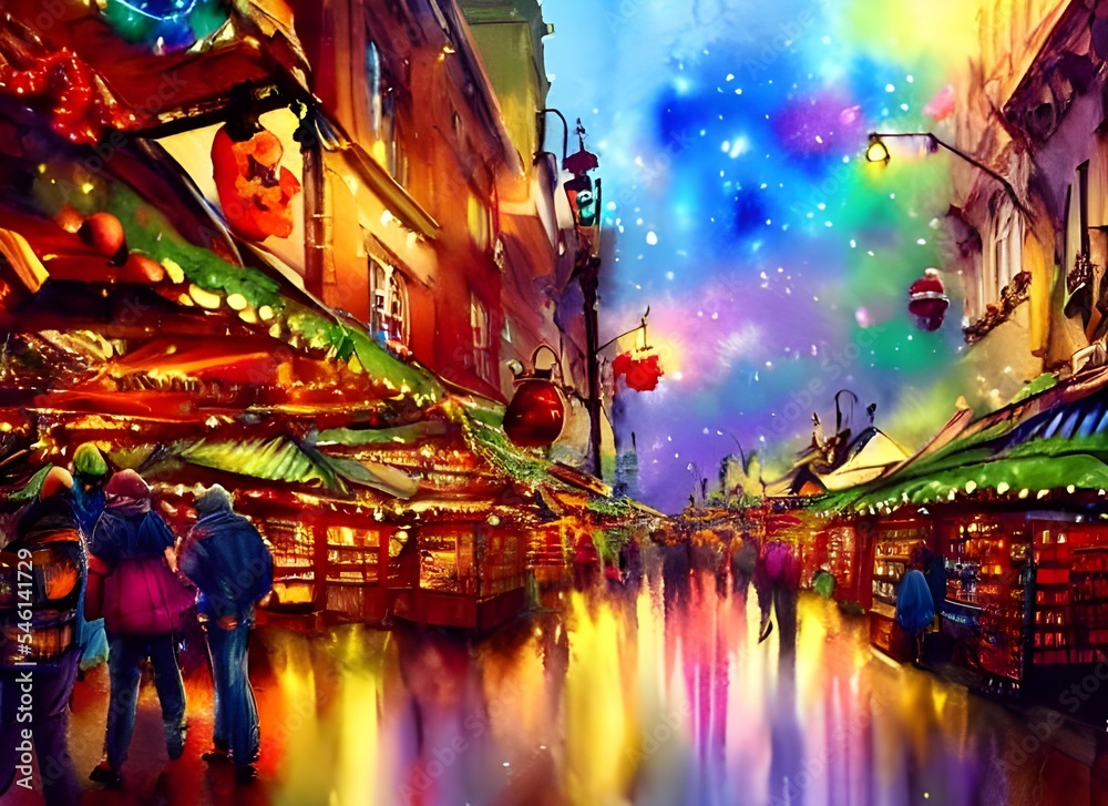 Obraz premium It's Christmas market evening and the scent of mulled wine and gingerbread cookies fills the air. The stalls are decked out with festive decorations, and strings of lights twinkle in the trees. There'
