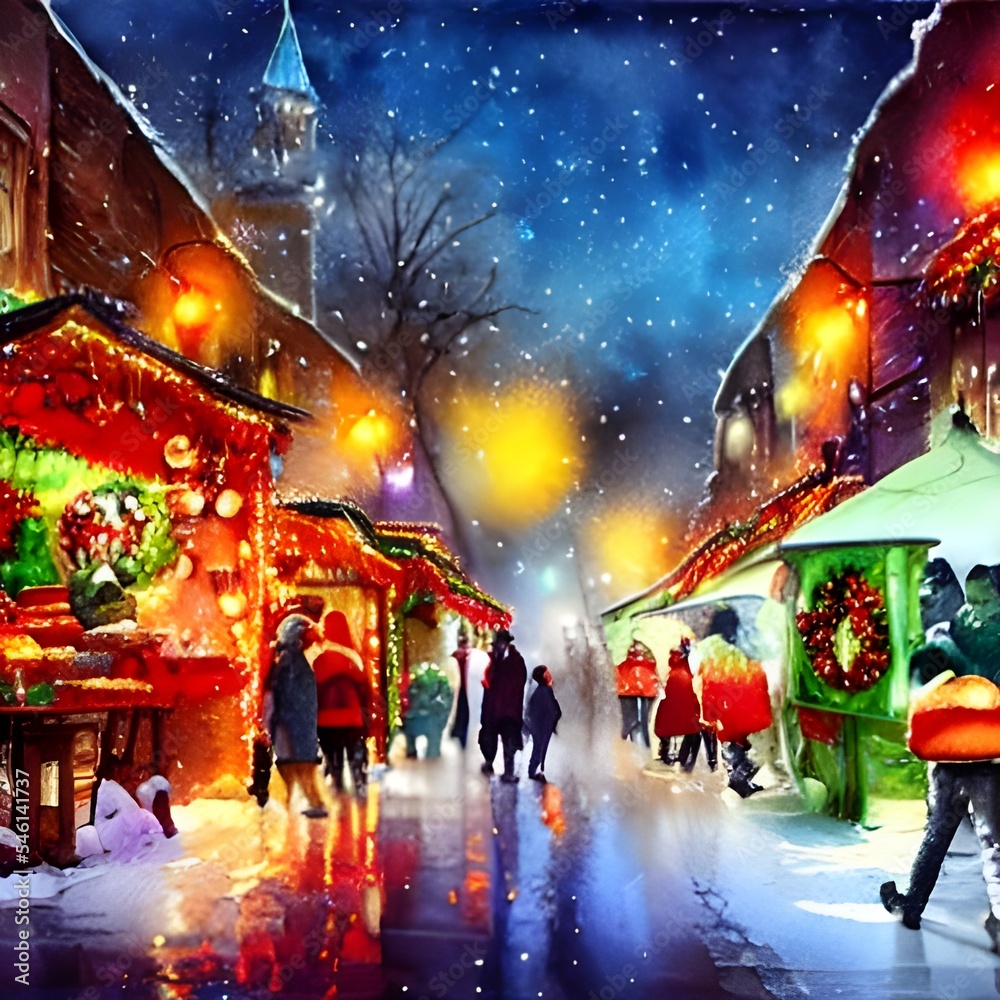 The Christmas market is bustling with people shopping for gifts and enjoying the festive atmosphere. The stalls are decorated with lights and there's a sense of excitement in the air.