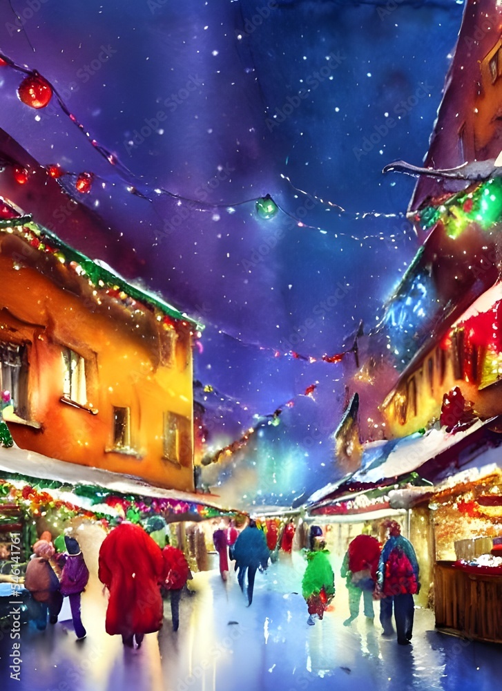 Fototapeta premium In the center of the small town, a Christmas market is set up every evening. The snowflakes are falling gently and creating a romantic atmosphere. At the wooden stalls, people can buy handicrafts, hot