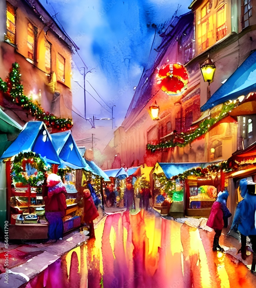 The Christmas market is bustling with people. The air smells of mulled wine and gingerbread. There are stalls selling all sorts of holiday trinkets and goodies. string lights twinkle overhead, adding 