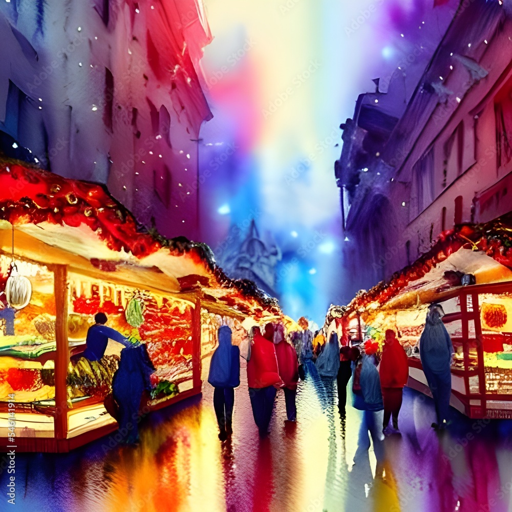 It's a cold winter evening and the Christmas market is in full swing. The stalls are decorated with lights and festive browse-worthy ephemera, while visitors move from one to the other, enjoying hot m