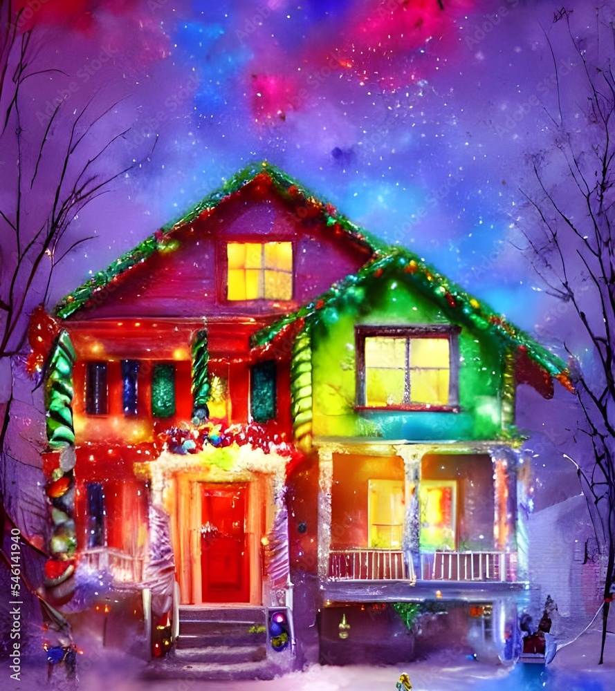 The house is decorated with lights and garland. A big wreath hangs on the door, and presents are piled under the tree.