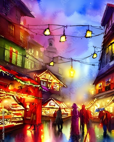 The Christmas market is bustling with people and the air is full of the smell of roasted chestnuts. Strings of lights overhead illuminate the scene and a band is playing carols on a stage in front of  © dreamyart