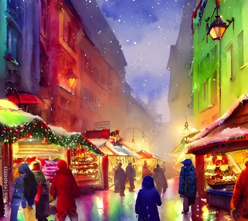 The Christmas market is bustling with people, all eager to do some last-minute shopping. The stalls are decorated with garlands and lights, and the air smells of cinnamon and pine. There's a real sens © dreamyart
