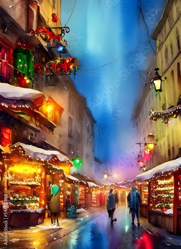 The Christmas market is bustling with people, the air filled with laughter and the smell of gingerbread. The twinkling lights overhead create a feeling of magic in the air. © dreamyart