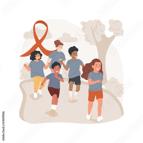 Terry Fox school run isolated cartoon vector illustration. School children run outdoors, wearing blue shirts, cancer awareness day, Terry Fox commemoration, annual running event vector cartoon.