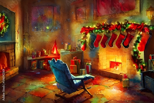 The fireplace is decorated for Christmas with a wreath, garland, and stockings hung from the mantle.